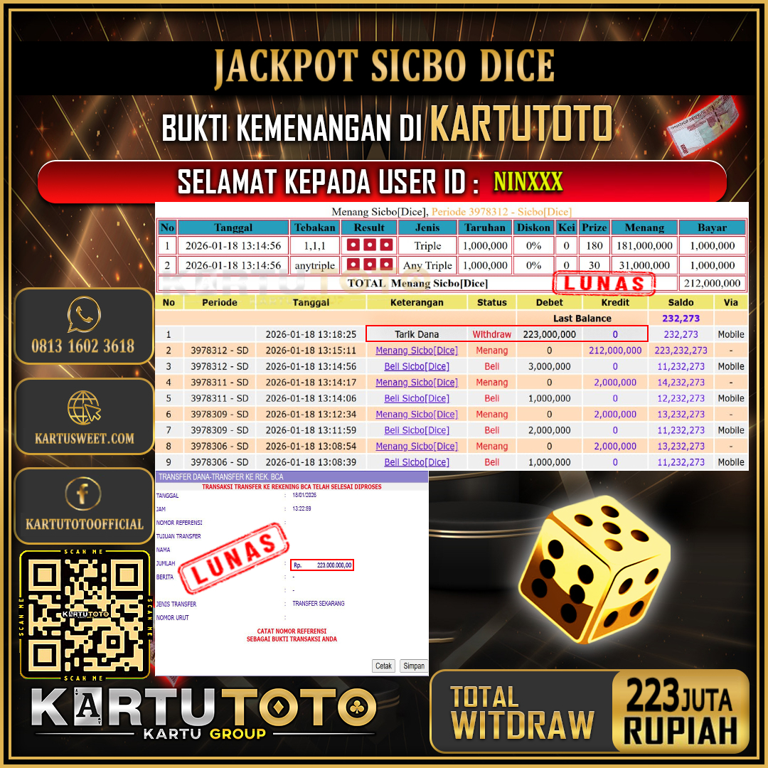 KARTUTOTO JACKPOT LIVE GAME SICBO DICE Rp.223.000.000,- LUNAS USER ID :  NIN***‎ ‎ ‎ 