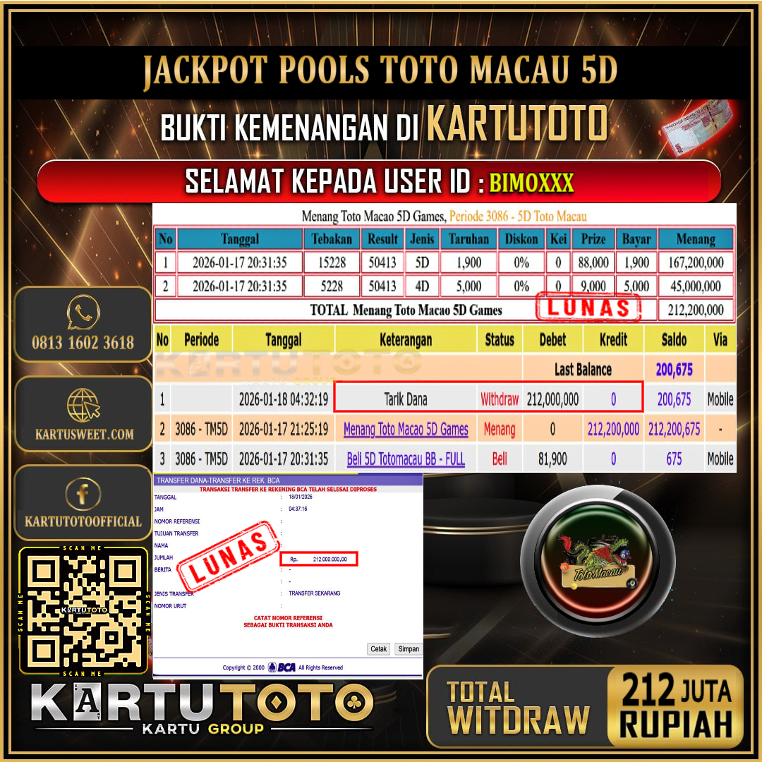 KARTUTOTO JACKPOT TOGEL TOTO MACAU 5D Rp.212.000.000,- LUNAS USER ID :  BIMO***‎ ‎ ‎ 