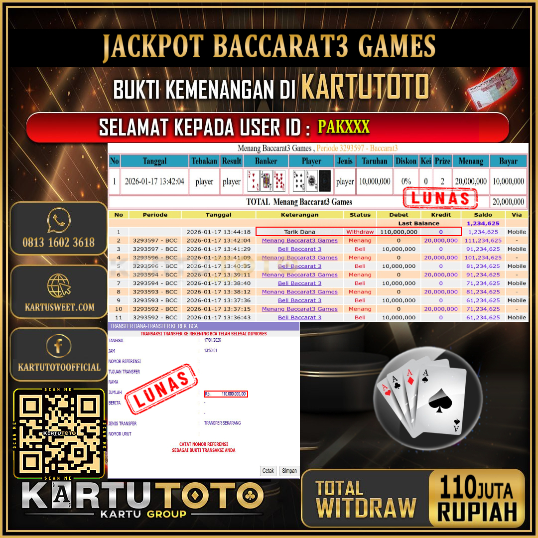 KARTUTOTO JACKPOT LIVE GAME BACCARAT3 GAMES Rp.110.000.000,- LUNAS USER ID :  PAK***‎ ‎ ‎ 