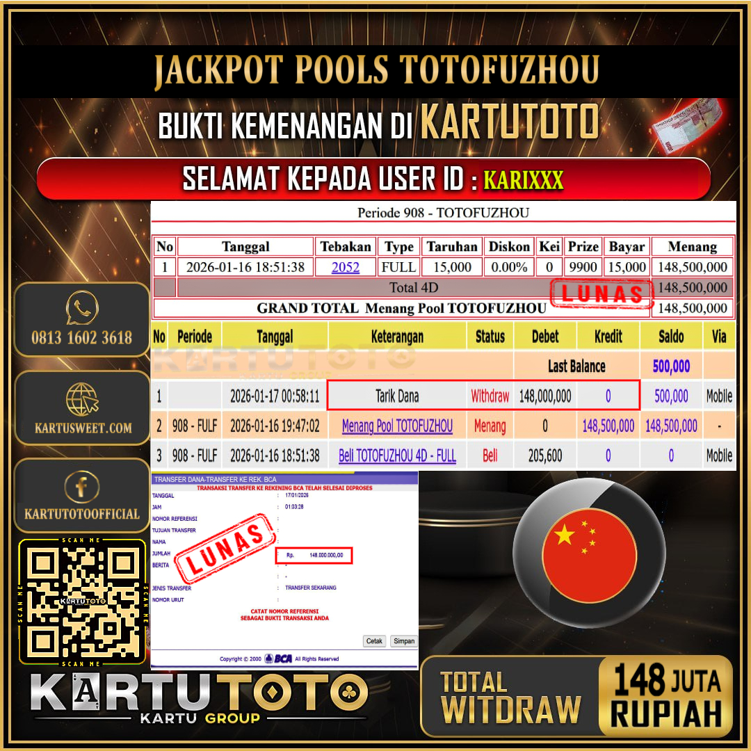 KARTUTOTO JACKPOT TOGEL TOTOFUZHOU Rp.148.000.000,- LUNAS USER ID :  KARI***‎ ‎ ‎ 